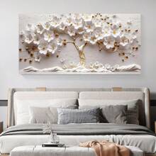 1pc, Botanical Posters, 2D Flat White Flower Tree Wall Arts, Golden Tree Landscape Decorative Painting, Golden Tree Of Life Canvas Painting, For Office, Bedroom, Kitchen, Living Room, Wall Decor, No Frame