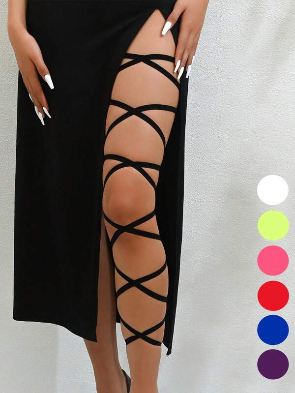 1pc Leg Chain With Elastic Strap, Black Color, Multi-Layer, Personalized, Sexy, Harajuku Style