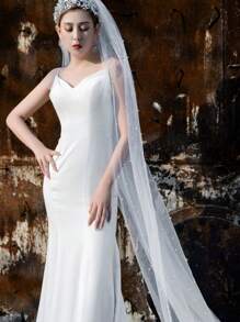 1 件仿珍珠长款婚礼大新娘面纱带发梳，适合婚礼拍照和摄影道具 - 乳白色 - 查看 9