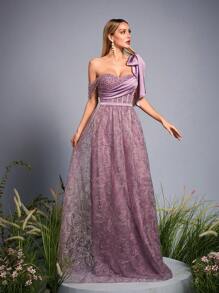 Anpoket New Arrival One Shoulder Elegant Evening Gown Dress Pearls Beaded Ruched Bow Ruffle Mesh Long Dress,Party Dress,Formal,Wedding Guest - Purple - View 5