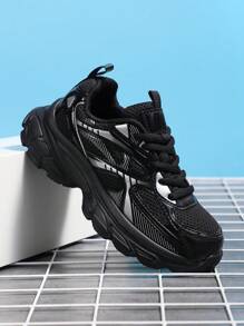 1 đôi giày thể thao dành cho thanh thiếu niên, giày thường ngày lưới cổ thấp mùa xuân và mùa thu, phối màu thời trang, đa năng để mang hàng ngày, kiểu buộc dây, dễ dàng mang/tháo, giày nhẹ, thoáng khí, thiết kế bảo vệ ngón chân, thích hợp cho trường học/khuôn viên trường - màu đen - Xem 3