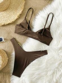 Women's Solid Color Metal Ring Detachable Strap Spaghetti Strap Bikini Set, Summer - Coffee Brown - View 3