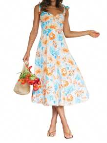 Women's Summer Midi Dress, Sleeveless Tie Shoulder Strap Floral Print Flowy A-Line Dress - Blue - View 3