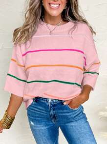 Fiyote Summer Colorblock Striped 3/4 Drop Shoulder Loose Casual Sweater - Pink - View 1