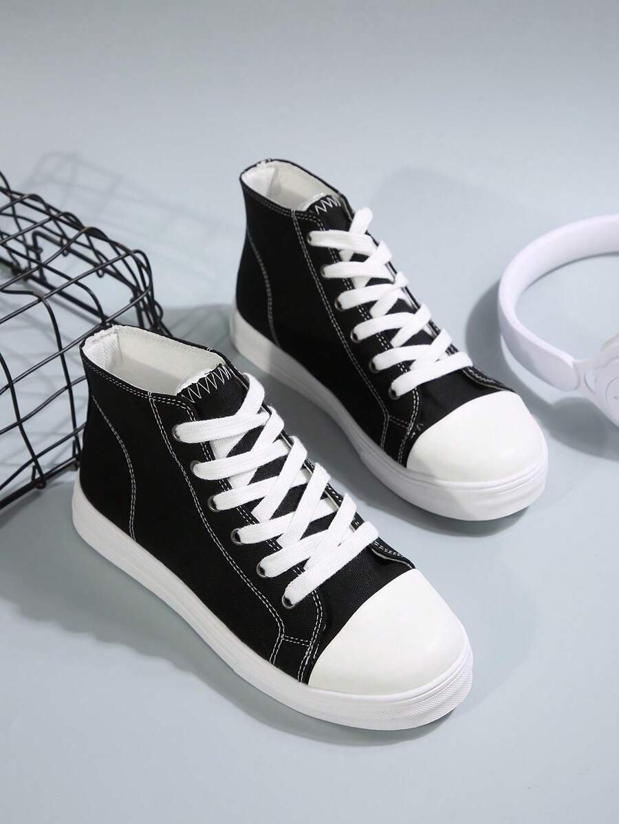 Women's Fashionable Soft And Comfortable Canvas High-top Lace-up Casual Sports Shoes, For All Seasons - Black - View 1