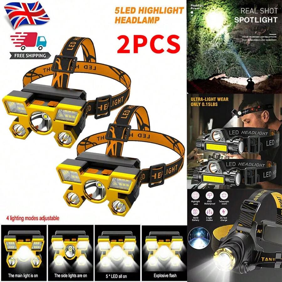 NetHong 2xWaterproof LED Headlamp Super Bright Head Torch USB Rechargeable COB Headlight - 2 Pcs - View 1