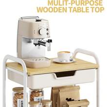 3-Tier Metal Utility Rolling Cart With Drawer And Wooden Table Top, Storage Cart White Trolley Kitchen Organizer Rolling Desk With Locking Wheels For Office, Classroom, Home, Bedroom Outdoor Decor - Light Color - View 5