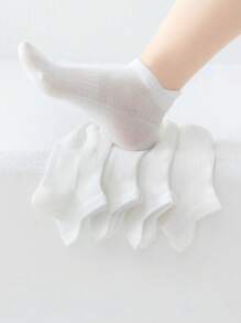 5 双儿童袜子，简单纯色，松紧腰带，后跟带，网眼通风设计，儿童短袜