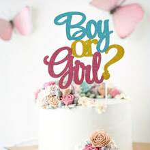 1 PC Glitter "Boy Or ? Girl" Gender Reveal Cake Topper - Paper Cake Decoration For Gender Reveal & Baby Shower Celebrations, Dual-Toned Pink & Blue Design, No Feathers, Electricity-Free Use - Multicolor - View 10