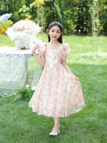 女童碎花裙公主裙海边超美儿童裙子时尚长裙沙滩裙，裙子非常高贵典雅，穿上它回头率超高 - 粉色 - 查看 4