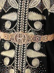 1 件时尚 R 字母水钻金属金色链条腰带，适合女士，适合婚礼、派对、度假，可拆卸和可调节长度 - 腰帶 - 查看 1