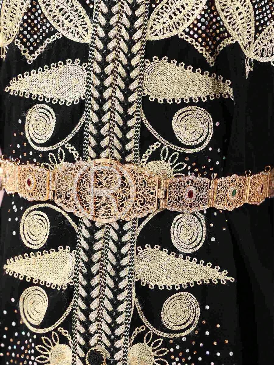 1 件时尚 R 字母水钻金属金色链条腰带，适合女士，适合婚礼、派对、度假，可拆卸和可调节长度 - 腰帶 - 查看 1