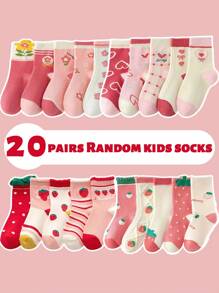 20 双女童中筒袜，卡通花卉和草莓图案，甜美风格，涤纶混纺针织面料，仅可手洗，四季皆宜，适合 0-14 岁儿童