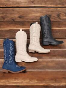 Bottes mi-mollet style cowboy noir pour femmes, adaptées pour la rentrée scolaire, Halloween, les soirées, les boîtes de nuit, les courses, les représentations et les rendez-vous, pour l'automne et l'hiver - Noir - Voir 4