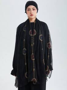 1 pieza Chal con estampado floral y unicolor, de doble capa con volantes en los bordes, versátil como cubierta de vestido, pañuelo de cabeza ligero y transparente, estilo bohemio - Ruedas negras - Ver 2