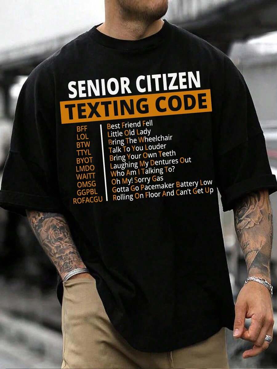 Camiseta divertida para el día del padre - Código de mensajes de texto para personas mayores con estampado de letras temáticas - Camiseta de manga corta de algodón para hombre 220g - Negro - Ver 1