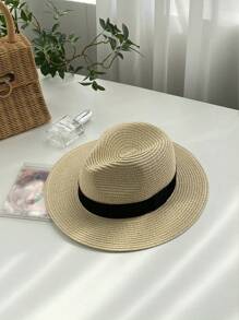 1pc Women Beige Western Cowgirl Style UPF50+ Sun Protection Panama Straw Hat With Black Decor, Vintage Style, Lightweight, Breathable, Suitable For Beach, Travel, Wedding Season, Music Festival, Valentine's Day Gift