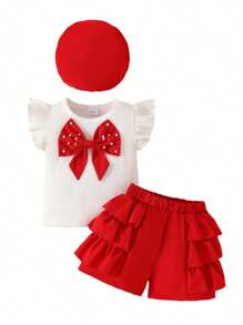 Toddler Girl Summer Clothes Big Pearl Bow Flutter Sleeve Round Neck Tops + Ruffled Shorts + Beret 3 Pcs Set - Red - View 1