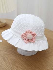 1 pezzo Cappellino secchiello dolce e carino per bambina, con volant in pizzo e fiore, cappello da sole per bambini, tinta unita - 1PC - Visualizzare 9