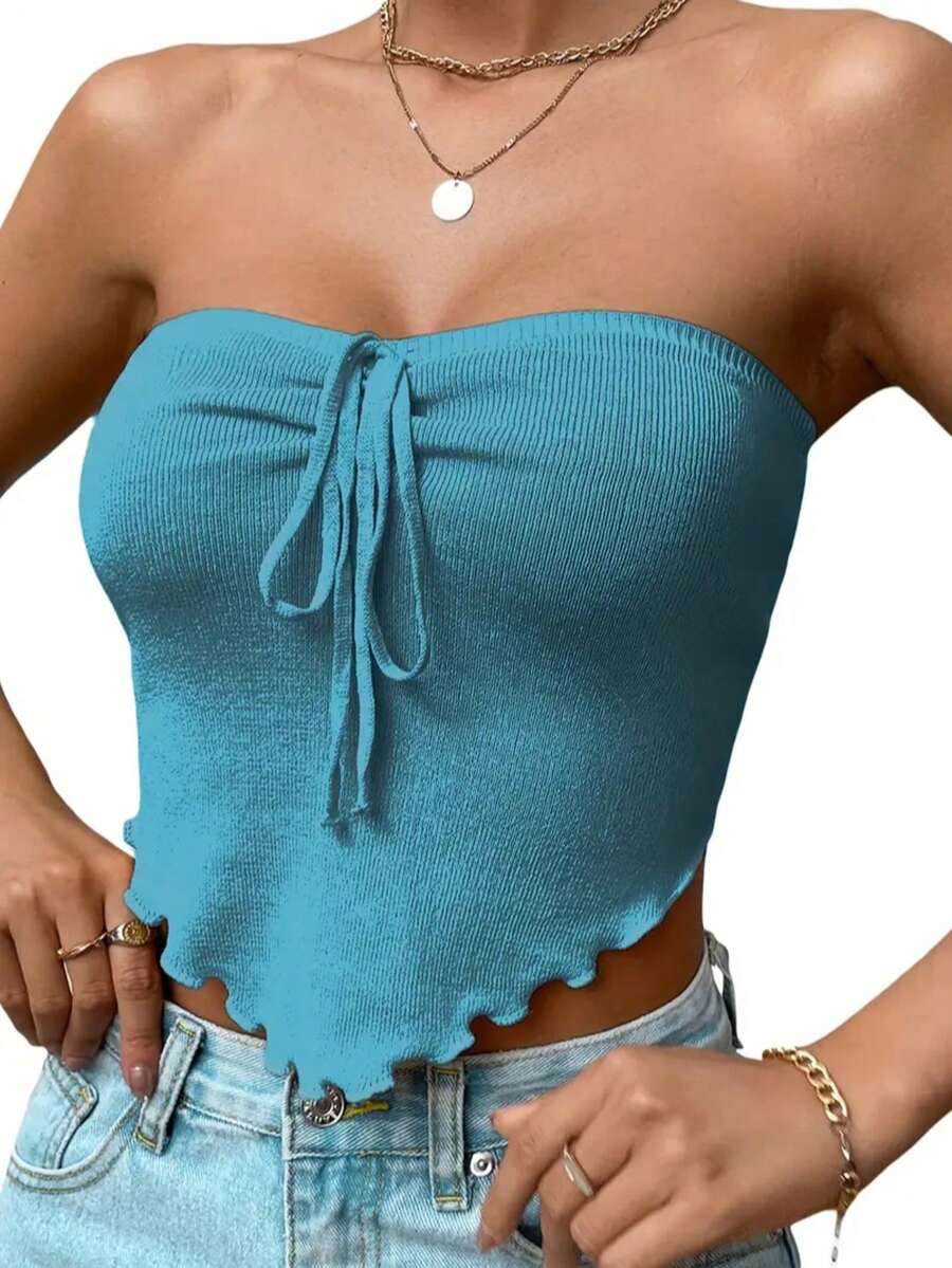 Women's Solid Color Strapless Vacation Casual Top - Blue - View 1