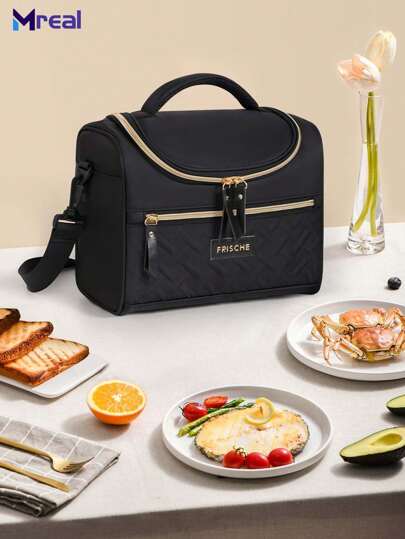 MderaReal 1 pieza Bolsa de almuerzo aislada de gran capacidad de 8L, bolsa de almuerzo portátil con enfriador a prueba de fugas de material suave de fibra de poliéster impermeable, con cremallera, correa para el hombro ajustable para oficina y picnic (Negro)