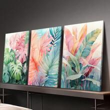 3 pièces/set, Peinture décorative encadrée suspendue sur canevas, affiche, art mural, ensemble d'art sur canevas aquarelle de feuilles tropicales, impressions vibrantes de Monstera et de palmiers, décoration murale de style bohème pour salon, chambre à coucher, bureau à domicile - Style moderne/classique, utilisation intérieure/extérieure, décoration de pièce