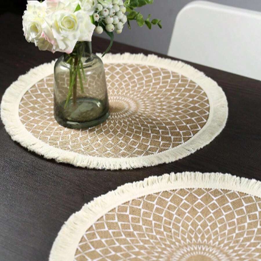 1 Stück 15 Zoll große, runde Tischsets aus gewebter Jute mit Quasten, geeignet als Tischdekoration für Esszimmer/Küche, Bohemian-Stil, hitzebeständig, ideal für Zusammenkünfte zu Hause drinnen/draußen, Hochzeiten, Partys, minimalistischer Geschirrschutz, Weihnachtsgeschenke