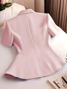 HOMEYEE Áo blazer nữ tay ngắn ôm eo, có cúc và túi trang trí, kiểu dáng công sở chuyên nghiệp, màu hồng thường ngày cho mùa xuân/hè. - Hồng - Xem 2