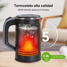Tetera Electrica Acero Inoxidable, Hervidor de Agua Electrico Viaje Pequeño 0.8 L, 600 W, Jarra Electrica Hervir Agua Portátil, con Luz LED, Apagado Automático - Negro - Ver 2