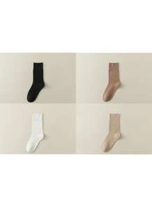 4 đôi tất cổ cao màu trơn không xương dành cho nữ, tất cổ cao màu trắng, thoáng khí, phù hợp mặc hàng ngày, sau sinh, mùa thu - Nhiều màu - Xem 16