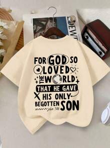 Tween Boy's Slogan Print Round Neck Short Sleeve Tee Spring And Summer Casual T Shirt For Kids - Apricot - View 1