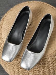 女士方头浅口 3 厘米高跟鞋，百搭银色高端时尚休闲一脚蹬派对鞋 - 銀色 - 查看 4