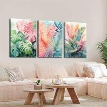 3 pièces/set, Peinture décorative encadrée suspendue sur canevas, affiche, art mural, ensemble d'art sur canevas aquarelle de feuilles tropicales, impressions vibrantes de Monstera et de palmiers, décoration murale de style bohème pour salon, chambre à coucher, bureau à domicile - Style moderne/classique, utilisation intérieure/extérieure, décoration de pièce
