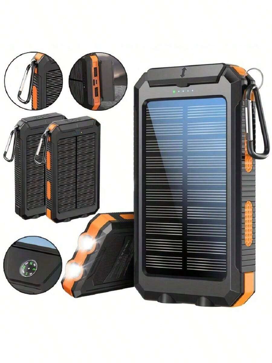 太阳能充电器-10000mAh 太阳能充电宝 - 便携式太阳能手机电池板充电器，QC3.0 双 USB 端口电池组充电器，适用于所有手机和电子设备 - 持久耐用，旅行露营，LED 手电筒，节日户外太阳能移动电源的最佳礼物 - 橘色 - 查看 1
