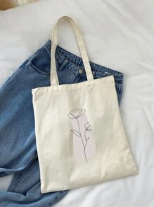 New Beige Stone Line Floral Print Tote Bag, Versatile Suitable For School, Campus, Library, Shopping, Travel, Outdoor, Casual, Large Capacity Convenient Style