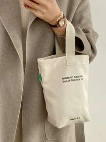 Fashionable Minimalist Women Handbag, Casual Canvas Small Tote Bag, Lightweight Foldable Square Bag, Beige Letter Print Design, Fits Keys, Water Bottle, Phone And Personal Items, Suitable For Outings And Walking Pet - Beige - View 6