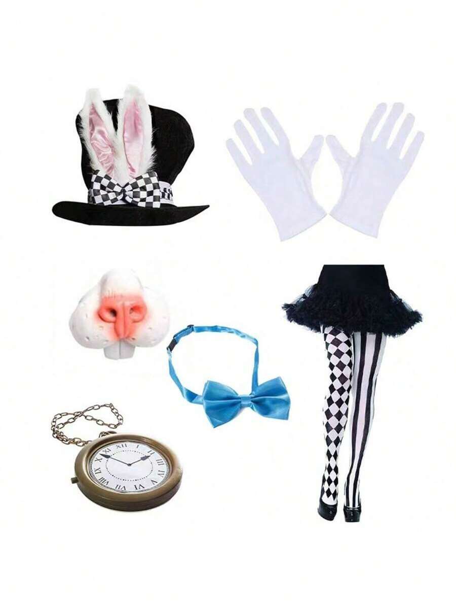 Easter Cosplay Party Costume Set Including Velvet Tall Hat, Clock Bow Tie, Nose, Rabbit Outfit Prom Halloween - Multicolor - View 1