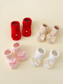 4 Pairs Baby/Toddler Girls' Cute Bow Decor Cotton Blend Ankle Socks, All Season - Multicolor - View 5