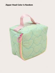 1 pieza Bolsa de maquillaje de lona con diseño de corazón para mujeres, gran capacidad, estilo coreano de moda, estuche con cremallera, bolso de viaje portátil, organizador de artículos de tocador para auriculares, lápiz labial, toallitas sanitarias (el color del tirador de la cremallera es aleatorio)