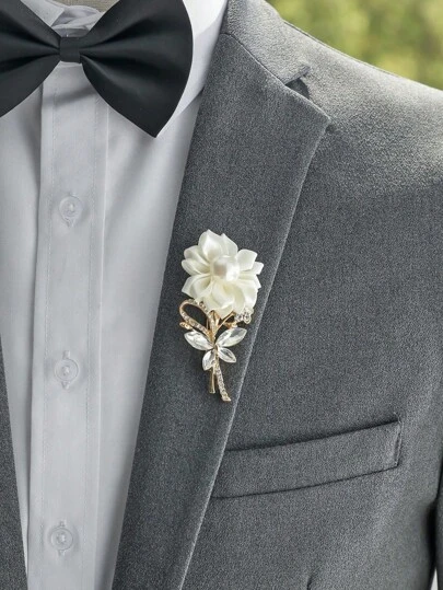 1 pieza Boutonnière de rosa blanca con perla grande de aleación, accesorio de alta gama para el novio y padrinos de boda para bodas, banquetes, eventos y fiestas, accesorios del Día de San Valentín