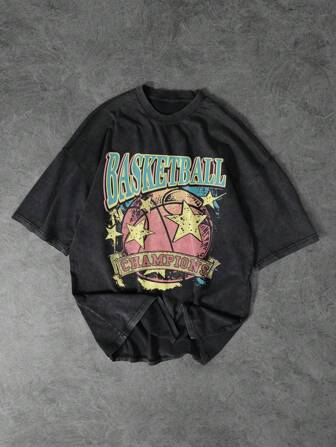 Shwiy 男式复古水洗黑色短袖 T 恤，印有篮球星，适合学校穿着的篮球球衣，礼物