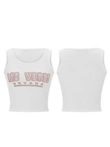 Women Rhinestone Letter Tank Tops Round Neck Casual Vests Summer Sleeveless Tops Streetwear - White - View 9