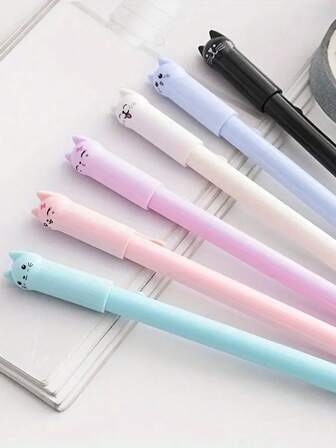Et Of 6 Cute Cat Gel Pens Cartoon Tail-Wagging Kitty Design, Smooth Writing Black Gel Ink Rollerball Pens, Durable Plastic Material, Fun Stationery For Students And Cat Lovers,Back To School, Festival Party Gifts,Signature Pen, Stationery, Back To School, Holiday Gift,Christmas Gift