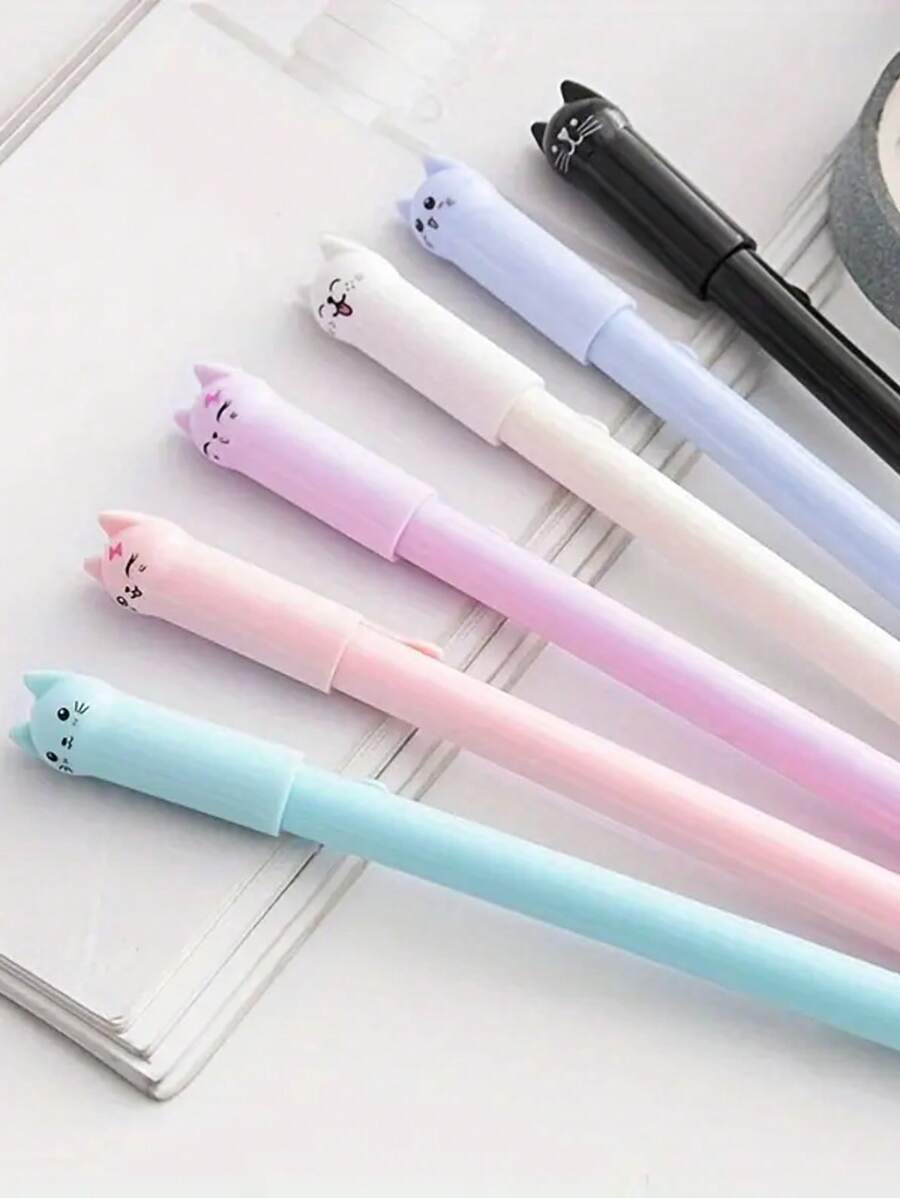 6支/套 可爱猫咪主题圆珠笔，卡通摇摆尾巴猫咪图案，流畅黑色墨水，耐用塑料材质，趣味文具，适合学生和爱猫人士，返校季、节日派对礼物、签名笔、文具、圣诞礼物