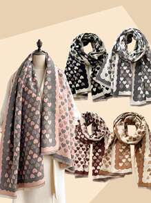 Elegant Minimalist All-Over Heart Pattern Jacquard Imitation Cashmere Warm Scarf For Women, Fashionable & Versatile Daily Accessory, Casual Air Conditioning Shawl, Polyester, All Season
