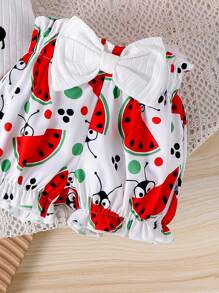 2pcs/Set Infant/Baby Girl Cute Cap Sleeve Printed Bodysuit+Shorts Outfits, Lightweight Summer