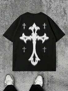 Men's Stylish Cross Print Casual Short Sleeve T-Shirt - Black - View 3