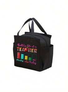 Teacher Print Insulation Lunch Bag, Fashion Travel Picnic Bag, Portable Thickened Aluminum Foil Handbag,Letter Printed Pattern Insulated Bag, Insulated Lunch Bag, School Cooler, Handbag, Lunch Box, Ice Bag, Picnic Food Handbag, Canvas Lightweight Portable Lunch Storage Bag, School Office Picnic Lunch Handbag, Carry To School And Work, Birthday Gift, Commemorative Gift - Black - View 3