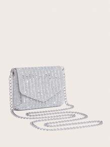 Rhinestone Embellished Mini Square Bag 2024, Fashionable Chain Shoulder Crossbody Bag For Women, Clutch For Party, Wedding, Ball, Silver