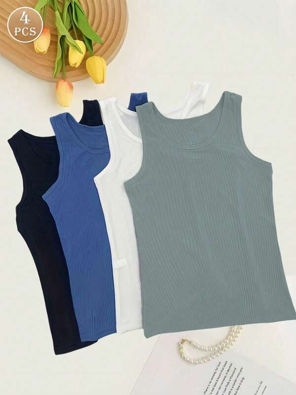 4 件套便宜夏季女式无缝吊带背心，性感无袖罗纹背心，女童汗衫，合身分层背心